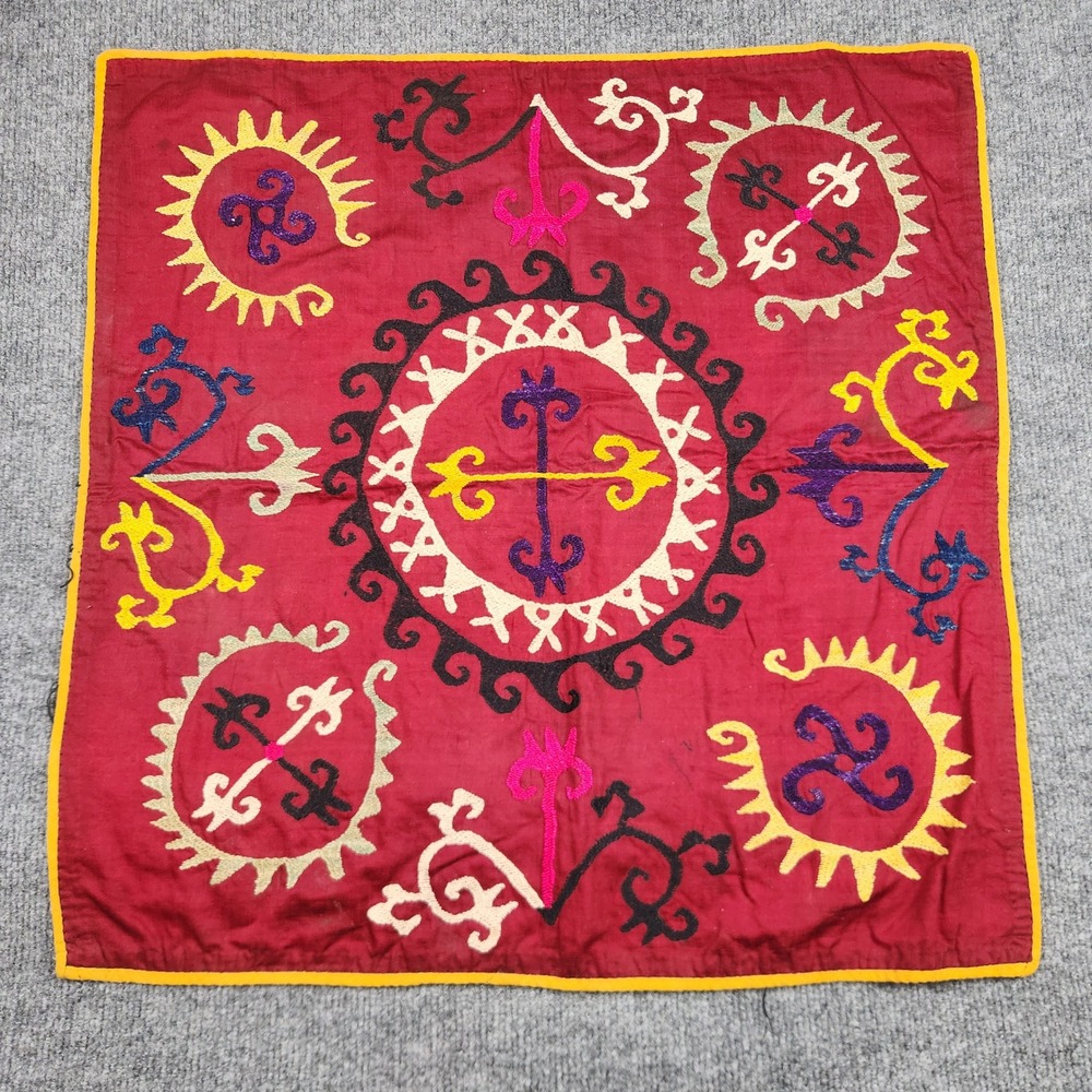 Uzbek Suzani Hand Embroidered Textile Red Square Wall Hanging Folk Art 22x22